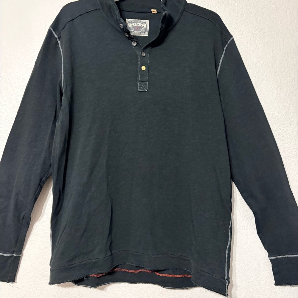 Men's Jeremiah Long Sleeve Black Cotton Henley Shirt w Contrast Stitching.‎ L
